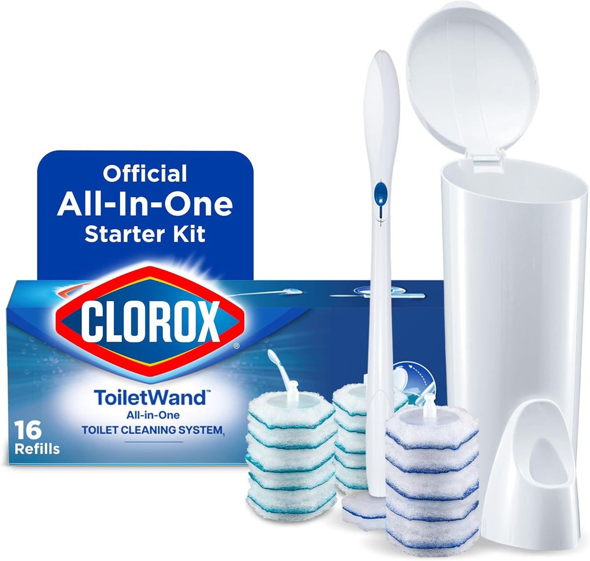 Clorox ToiletWand All-In-One Starter Kit refill set, including a white electric cleaning brush, a white cylindrical dispenser with lid open, multiple blue-and-white cleaning pads, and the branded product box.